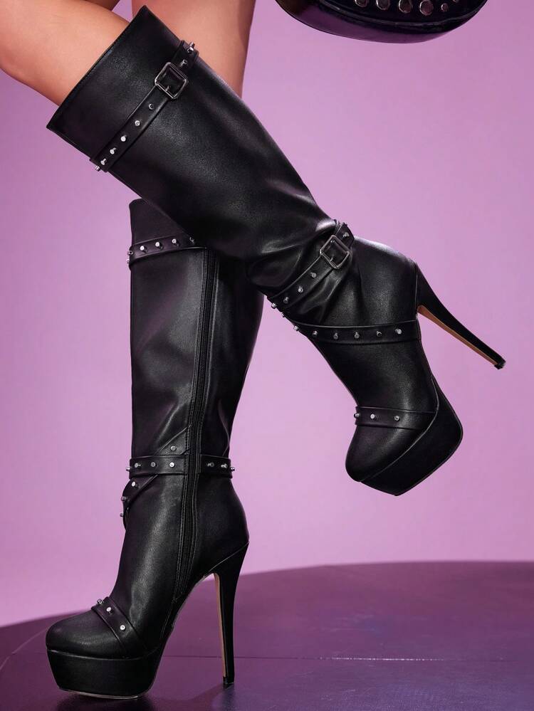 CUCCOO LuxiPop Women's Thick Sole Knee-High Boots With Stiletto Heel, Belt Buckle & Rivet Decor, Waterproof Platform, Black, Sexy & Fashionable For Nightclub, Halloween, Christmas, Party