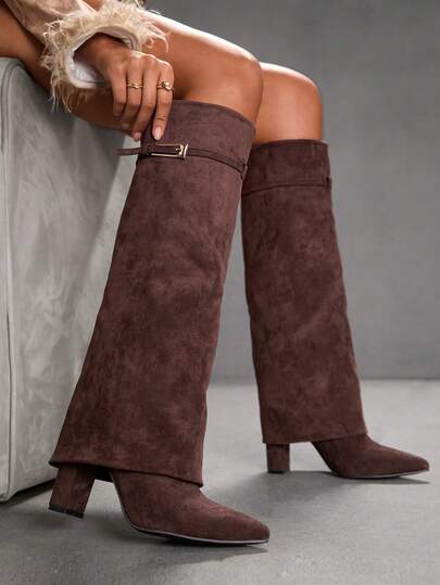 CUCCOO SZL Women's Outdoor Pointed Toe Thick High Heel Buckle Decor Black PU Leather Fashion Minimalist Comfortable Daily Party Banquet Side Zipper Boots For Christmas