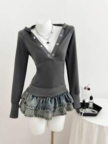 SHEIN Unity 女士灰色卫衣，金属扣装饰，深V领，休闲通勤款，秋冬季 - 深灰色 - 查看 3