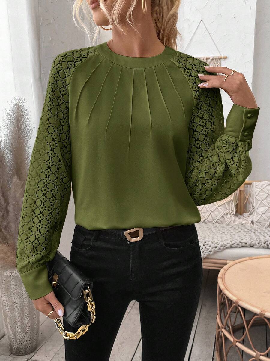 SHEIN LUNE Women's Casual Commuting Solid Color Patchwork Raglan Sleeve Fold Pleated Loose Blouse, Spring/Autumn - Olive Green - View 1