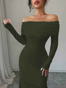 Rafferiza 性感优雅修身长袖扭花后背开口鱼尾下摆弹力针织连衣裙，白色女款，秋冬长款女装 - 軍綠色 - 查看 5