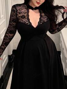 Vibekara Plus Size V-Neck Chinese Style Lace Patchwork Long Sleeve Elegant A-Line Midi Dress, Suitable For Vacation, Party, Date, Gathering, Black Black Lace Dress Classy Black Dress Plus Size Black Dress Elegant Black Dress Curvy Dress Goth Black Dress Lace Black Dress