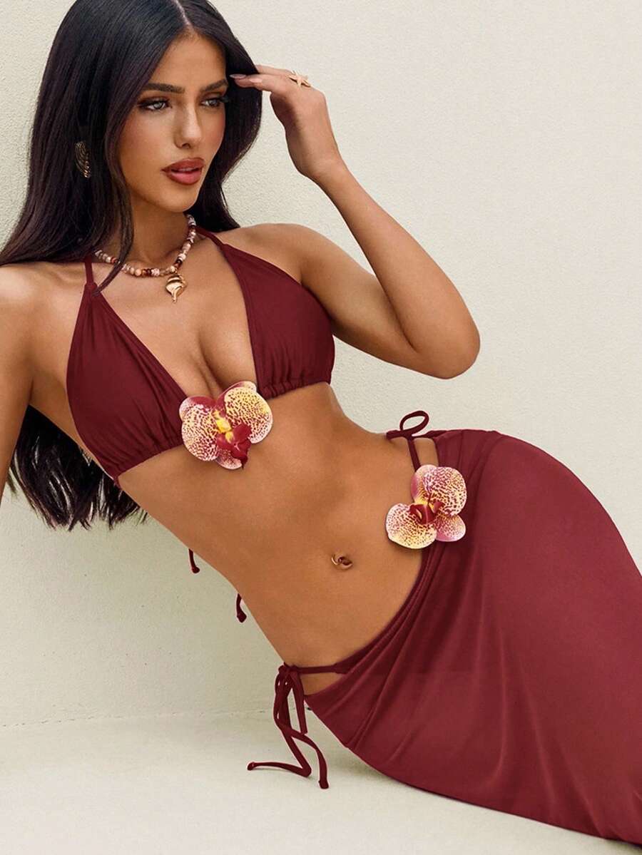 Bonvoyette Bộ đồ bơi hở lưng họa tiết hoa dành cho nữ - Màu Đỏ Sâu - Xem 1