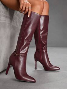 CUCCOO SZL 女士尖头细高跟金属扣勃艮第酒红色秋冬侧拉链及膝靴，简约设计，适合通勤、购物、派对 - 酒紅色 - 查看 9