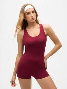 Eassivo Women's Sleeveless One Piece Yoga Romper,Burgundy Cut Out Back Athletic Workout Playsuit, Stretch Fitness Gym Bodysuit, Activewear For Women