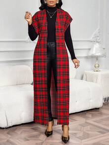 SHEIN Lady Women's Fashion Casual Plaid Print Sleeveless Regular Jacket