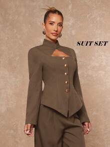 Lumalex 立领镂空腰部金属纽扣收腰直筒短裤，女士长袖套装 - 棕色 - 查看 8