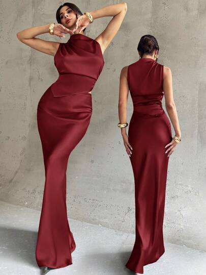 Firerie Women's Elegant Office Commuter Outfit, Sleeveless Pleated Collar High-Low Hem Striped Shirt And Pleated Waist Extra Long Fishtail Midi Skirt Set, Blue Satin Suit, Elegant Commuter Women's Outfit, Spring/Summer/Autumn, Elegant, Commuter, Sexy, Boho, Music Festival, Romantic, Date, Party, Wedding Season, Graduation Dress, Prom, Performance Outfit, Concert, Work Attire, Back To School, Women's Resort Wear, Women's Birthday Outfit, Women Teacher Outfit Burgundy Formal Dress Women