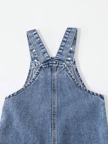 Young Girls Cartoon Printed Denim Bib Pants And Jumpsuit, Loose Straight Leg Overalls, Cute And Casual Style Recommended! Classic Washed Blue Denim Fabric, Cartoon Print Pattern, High Waist Elastic Waistband + Fake Chain Decor, Easy To Wear And Take Off, Straight Leg Design Flatters The Legs. - Medium Wash - View 5