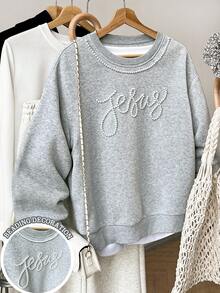 Resyla 女士仿珍珠蝴蝶结装饰休闲圆领运动衫，适合秋冬季、日常通勤、户外、女性礼物、兄弟姐妹礼物、姐妹礼物、妈妈礼物、母亲节礼物 - 深灰色 - 查看 1