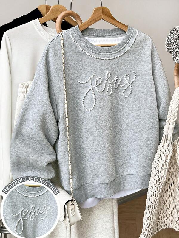 Resyla Women's Faux Pearl Bow Decor Casual Round Neck Sweatshirt, Suitable For Autumn/Winter, Daily Commute, Outdoor, Women's Gifts, Siblings Gifts, Sisters Gifts, Mom Gifts, Mother's Day Gifts Christmas