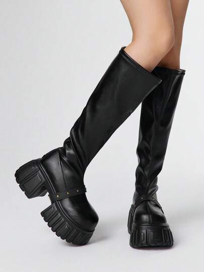 Women's Dark Punk Goth Lace-Up Platform Thick Sole Motorcycle Boots, Elevator Riding Ankle Boots And Short Boots