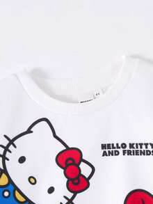 HELLO KITTY AND FRIENDS | SHEIN 年轻女孩可爱休闲风白色卡通字母图案针织宽松圆领卫衣 - 白色 - 查看 3