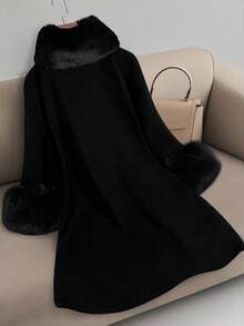 GlowEve CURVE Plus Size Women's Elegant Overcoat With Fur Collar And Belt Winter Fall Autumn - Black - View 2