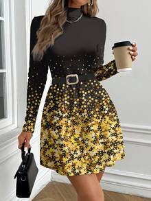 Shutterstock Glamance Gold Star Sequin Rhinestone Embellished Casual Minimalist Women Mini Dress, Waist Cinched, Suitable For Autumn/Winter Women Dress Autumn Dress Star Print Dress Elegant Dress Clasi Dress Gold And Black Dress Women - Multicolor - View 5