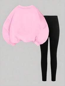 SHEIN ChillGRL 1 套年轻女孩休闲时尚 K-POP 卡通女孩图案粉色圆领运动衫和紧身裤套装，适合秋冬季日常外出和上学穿着 - 彩色 - 查看 2