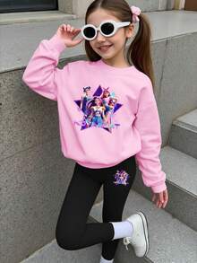 SHEIN ChillGRL 1 套年轻女孩休闲时尚 K-POP 卡通女孩图案粉色圆领运动衫和紧身裤套装，适合秋冬季日常外出和上学穿着 - 彩色 - 查看 6