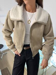 Easowa Women's Solid Color Minimalist Everyday Zip-Up Long Sleeve Faux Fur Jacket - Khaki - View 7