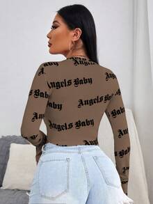 SHEIN Unity Camiseta de manga larga corta con gráficos, blusas para mujer para la primavera - Café integral - Ver 2