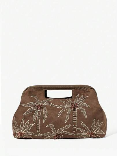 SHEIN SXY حقيبة كلاتش للسيدات، مصنوعة من الجلد المدبوغ البني، مزينة بطرز التطريز والخرز، أنيقة وبسيطة، متعددة الاستخدامات، مناسبة للشاطئ والعطلات والأعياد والصيف والرحلات البحرية وحفلات الشاطئ والمواعيد والاستخدام اليومي والتسوق وتناول الشاي بالعصر