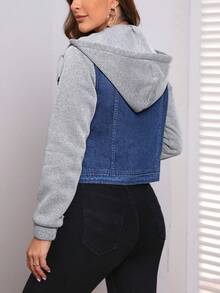 EMERY ROSE Plus Size Casual Patchwork Hooded Denim Jacket, Autumn - Blue - View 9