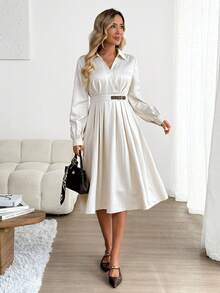 SHEIN LUNE Rochie de damă cu mânecă lungă, cu design plisat și cataramă, casual, din piele