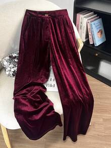 Lumivelle Elegant Casual Velvet Pants For Autumn Velvet Pants Women Women Wide Leg Pants High Waist Pants - Burgundy - View 4