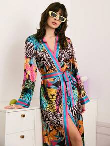 Chillnights 女士花卉植物图案缎面系带真丝睡袍，适合夏秋冬季穿着 - 彩色 - 查看 5