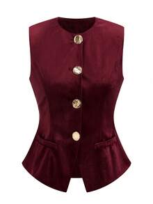 Ellevyn Sleeveless Top And Pants Minimalist Commuter Elegant Linen Suit  Spring/Summer Valentine's Day Party - Burgundy - View 10