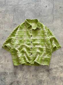 AXEPEAK Top de Manga Curta Casual Solta com Recorte Xadrez Azul Marinho e Verde Neon para Homens - Multicolorido - Visão 4