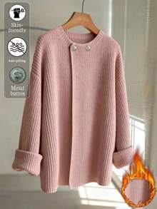 GlowEve CURVE 大码女式金属纽扣装饰纯色针织开衫，休闲百搭，适合圣诞节、万圣节、返校、度假、办公室穿着 - 粉色 - 查看 3