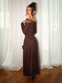 SHEIN Glamour Elegant Asymmetric Shoulder Line Sexy Off-Shoulder Dress Chocolate Brown Top Long Brown Skirt Christmas Outfit Women - Brown - View 2
