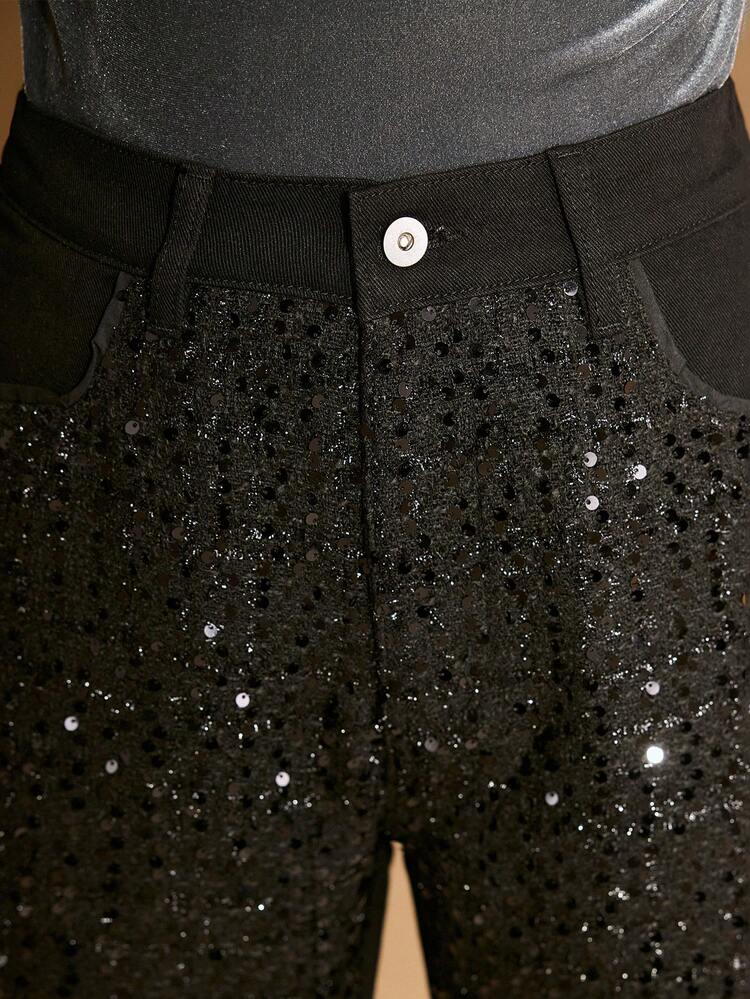 CONTRAST SEQUIN FLARE LEG DENIM PANTS, AUTUMN/WINTER