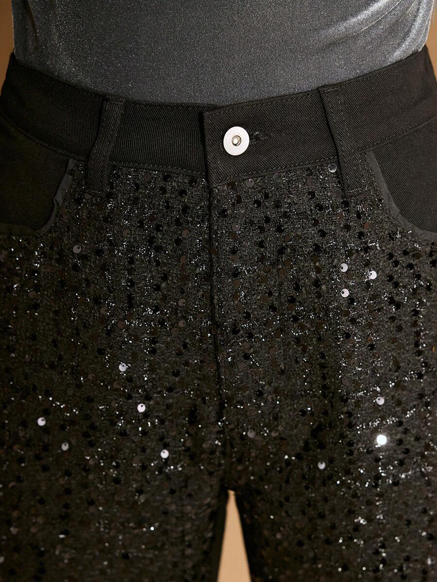 MOTF PREMIUM CONTRAST SEQUIN FLARE LEG DENIM PANTS, AUTUMN/WINTER - Black - View 2