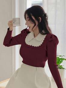 DAZY French Peter Pan Collar Layering Top, 2 In 1 Puff Sleeve Sweater For Women, Autumn/Winter - Burgundy - View 5