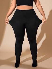 Hourglow Legging Wanita Kasual Serbaguna Warna Polos Ukuran Besar, Untuk Bentuk Tubuh Jam Pasir - Hitam - View 4