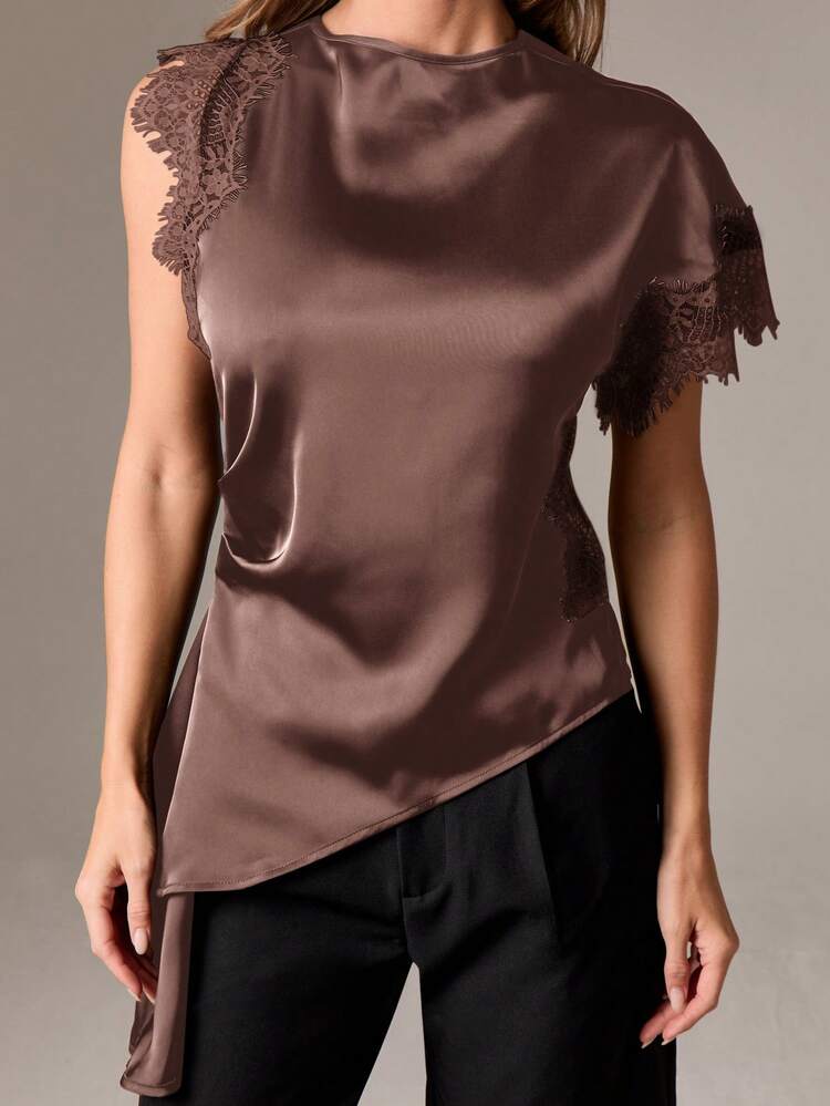 Lace Trim Asymmetrical Satin Blouse With Draped Peplum