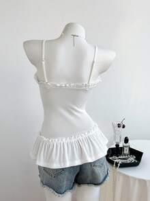 Elamini 女士休闲吊带背心，饰有荷叶边和前褶 - 白色 - 查看 2