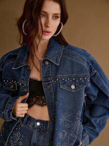 MOTF PREMIUM FASHIONABLE RHINESTONE EMBROIDERED WASHED DENIM JACKET - Blue - View 6