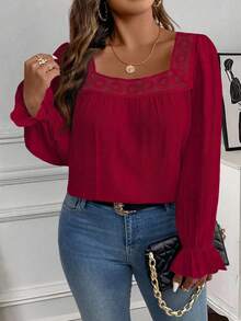 EMERY ROSE Plus Size Plain Simple Daily Wear Square Collar Long Sleeve Shirt Fall - Burgundy - View 3