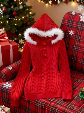 Franclia European & American Style Hooded Chunky Knit Dress For Women, Fuzzy Fabric, Fitted & Slimming Design, Gorgeous For Petite, Autumn Short Dress Christmas