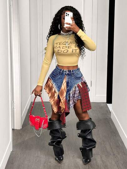 BamGleam Asymmetrical Patchwork Denim Skirt, New Summer Fashion American Style Versatile Sexy Mini A-Line Low Waist Skirt