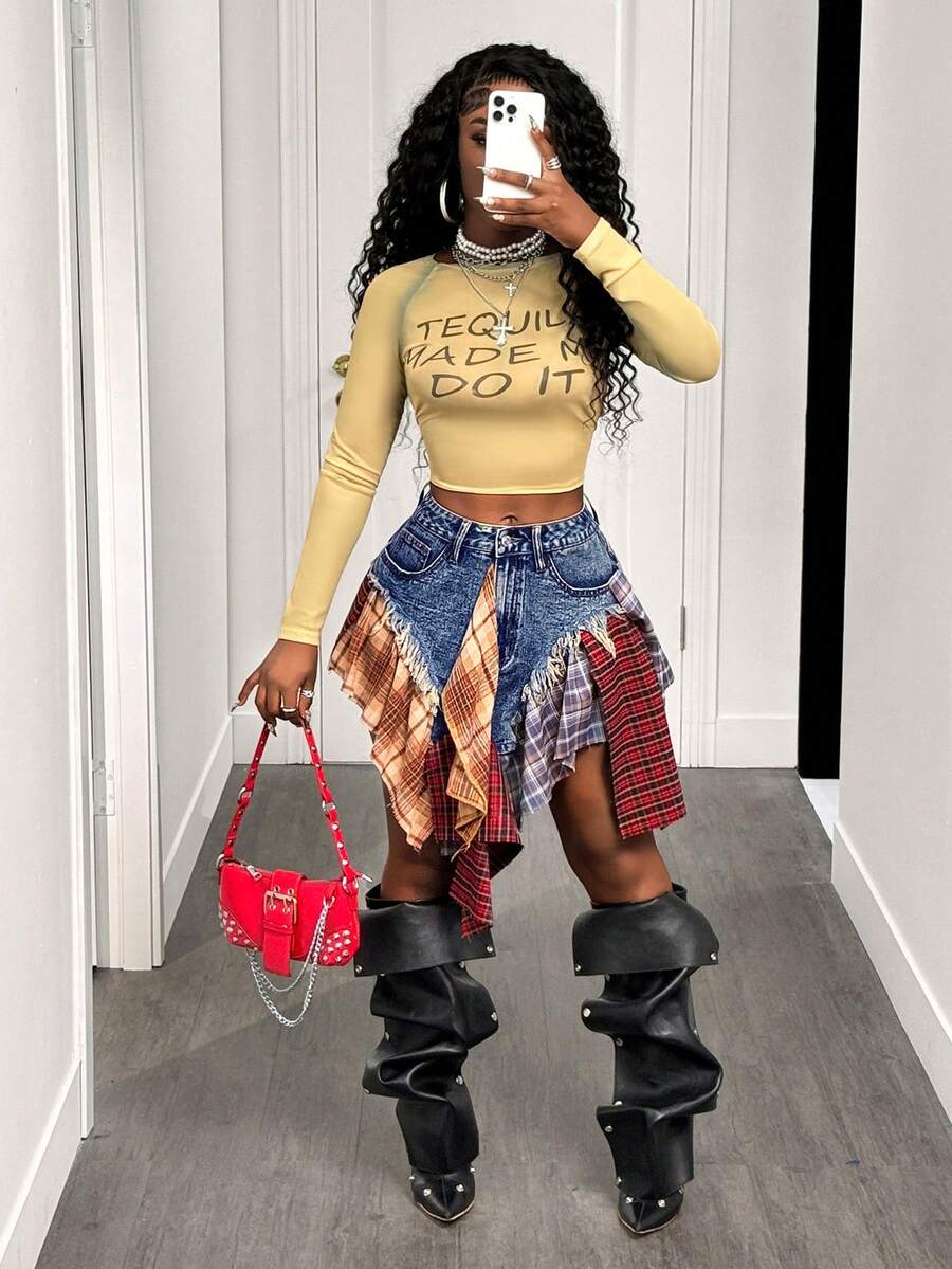 BamGleam Asymmetrical Patchwork Denim Skirt, New Summer Fashion American Style Versatile Sexy Mini A-Line Low Waist Skirt