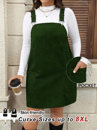 SHEIN CURVE+ Vestido de pana negro de talla grande para mujer con bolsillos y tirantes ajustables, adecuado para Halloween/otoño/invierno