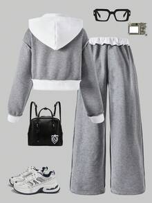SHEIN 青少年女孩字母印花落肩拼色连帽卫衣和休闲裤套装 - 灰色 - 查看 2