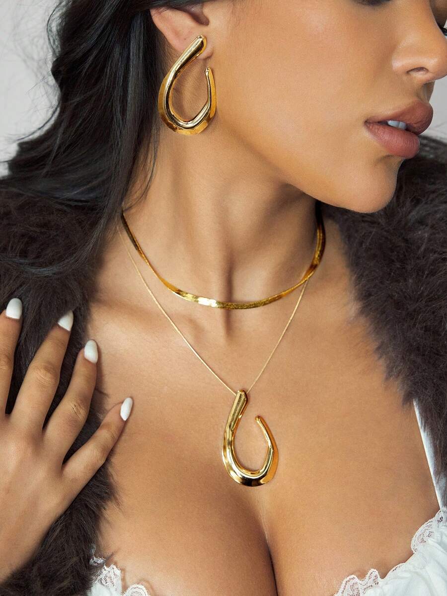 CUCCOO SZL Conjunto de 3 piezas de pendientes, colgante y collar de moda elegante con diseño geométrico asimétrico y en capas, estilo europeo y americano - Amarillo Oro - Ver 1