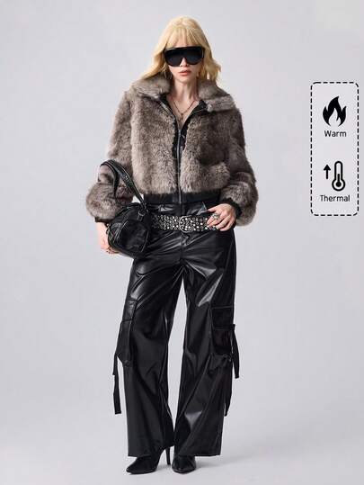 Grunge Punk Vintage Ombre Multicolor Faux Fur & PU Patchwork Open Front Women Jacket