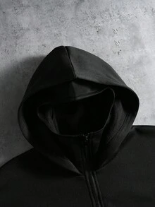 PAVTROS 男士純色長袖拉鍊雙層連帽衛衣，秋冬短版連帽夾克，街頭風黑色拉鍊外套 - 黑色 - 查看 8