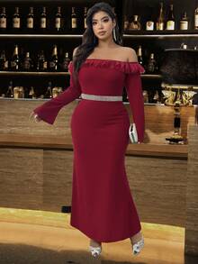 Cravure 大码连衣裙，单肩美人鱼连衣裙，带3D领饰 - 酒紅色 - 查看 4