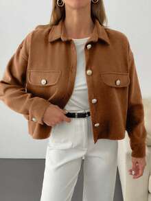 EURMUSE Solid Color, Gold Button Details, Coat - Camel - View 3